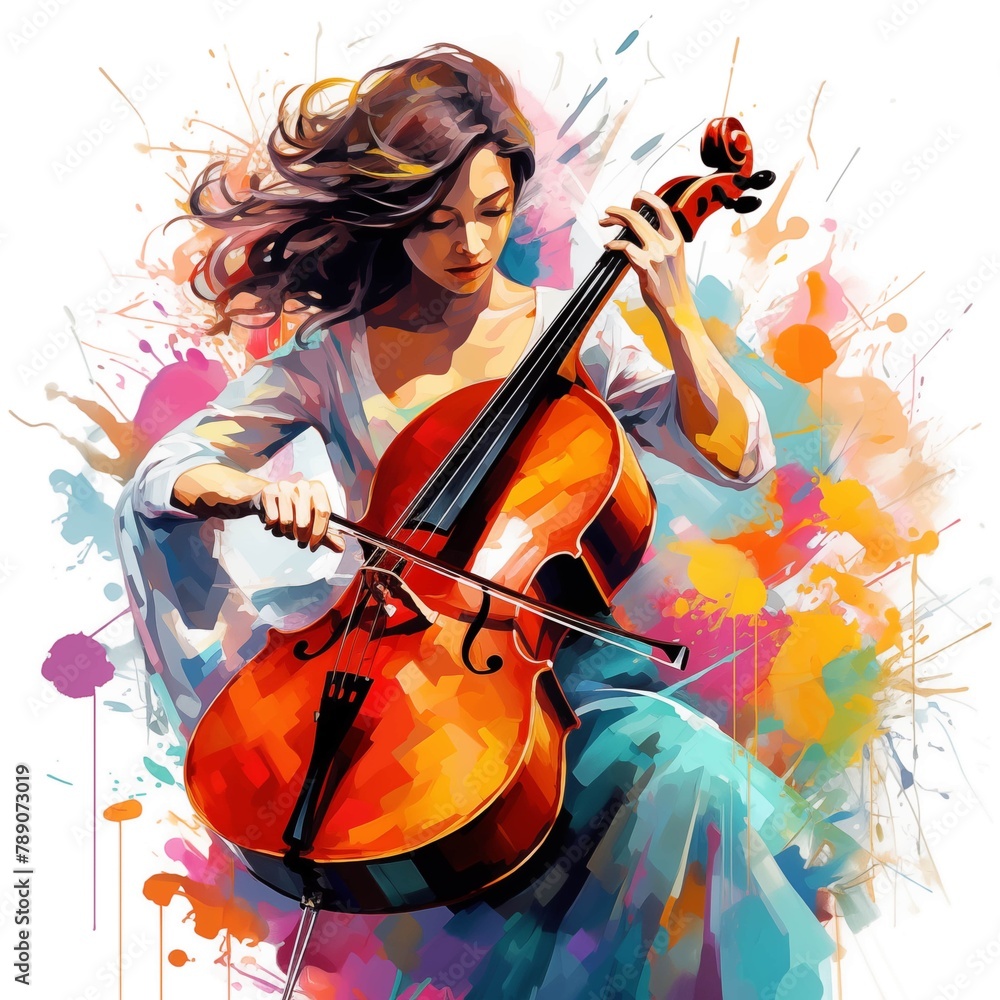 Abstract and colorful illustration of a woman playing cello on a white background