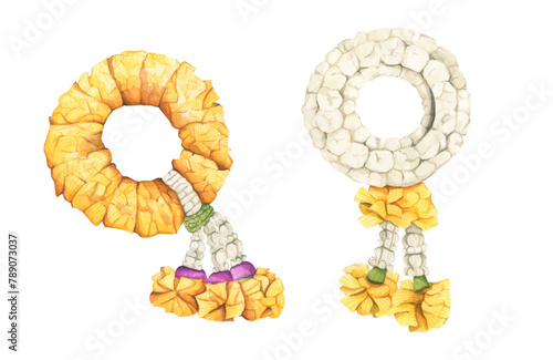 Set of Thai garland colorful flower for Mother's day, Songkran festival or religion buddhism observation day. Phuang malai thai floral garland flowers. Watercolor illustration.