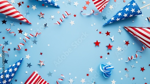 USA Independence day concept USA flags and Red and blue spirals and white stars top view flat lay on blue background with copy space : Generative AI photo