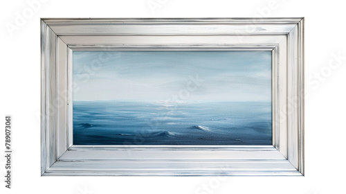 A tranquil acrylic painting of a peaceful seascape, framed delicately in a silver frame, evoking a sense of calmness against the pure white backdrop