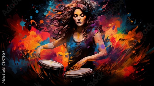 Abstract and colorful illustration of a woman playing bongos on a black background