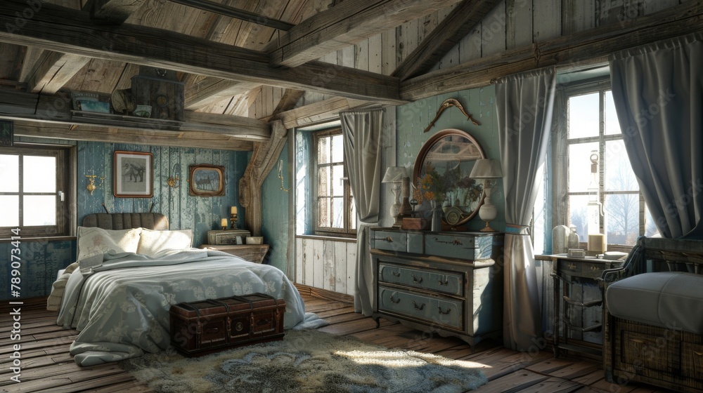 A rustic farmhouse bedroom with exposed beams and vintage furniture, evoking a cozy and nostalgic charm in country living. A rustic farmhouse bedroom with exposed beams and vintage furniture, evoking a cozy and nostalgic charm in country living.