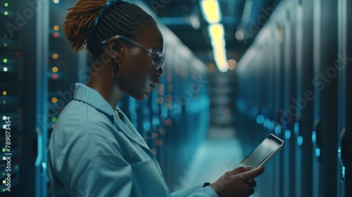 A female Internet technology specialist in a data center uses her tablet to analyze and test the effectiveness of data security measures aimed at protecting sensitive information.