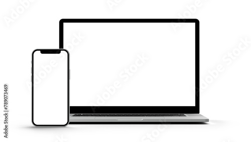 Laptop and Smartphone mockup isolated with transparent screen and shadows png frontal photo