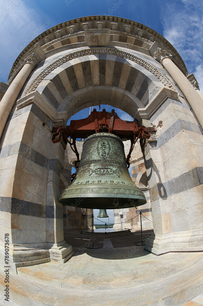 Fisheye shot captures the charm of Pisa Tower's bell, iconic tilt