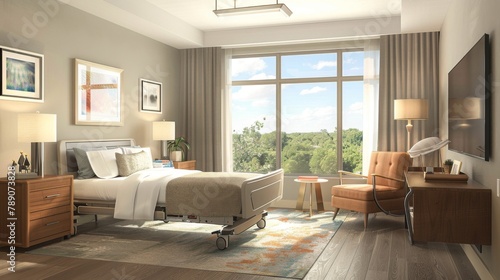 A senior's bedroom with ergonomic furniture and accessibility features, prioritizing comfort and safety for aging in place.