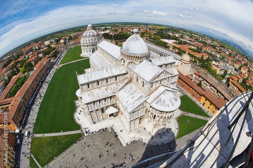Iconic view from atop Pisa Tower with fisheye lens