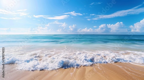 A serene beach scene with gentle waves lapping against the shore, the endless horizon merging seamlessly with the azure sky, a tranquil coastal vista.
