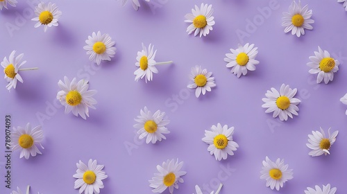 Minimalist purple background with Chamomiles Matricaria chamomilla decorated on for Biological experiment presentation Top view flat lay : Generative AI © Generative AI