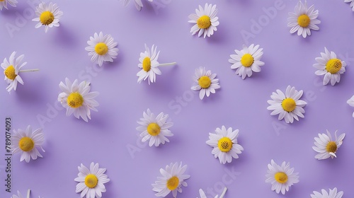 Minimalist purple background with Chamomiles Matricaria chamomilla decorated on for Biological experiment presentation Top view flat lay : Generative AI