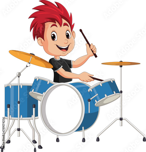 Cartoon little boy playing a drum set