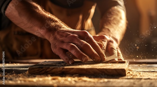 Close up of male hands using sandpaper on a piece of wood : Generative AI