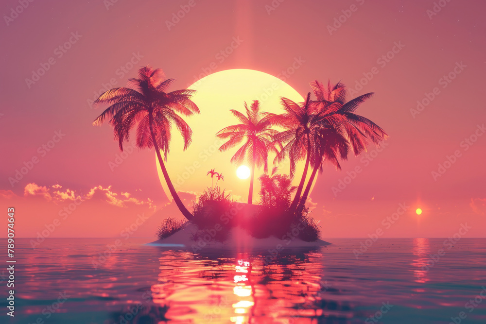 tropical island with palm trees and the sun in a sunset sky background. minimal summer vacation concept design