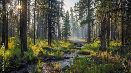 A serene forest scene with a small controlled burn in progress, illustrating the use of prescribed fires to manage vegetation and reduce the risk of larger wildfires.