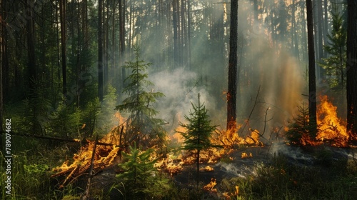 A serene forest scene with a small controlled burn in progress, illustrating the use of prescribed fires to manage vegetation and reduce the risk of larger wildfires.