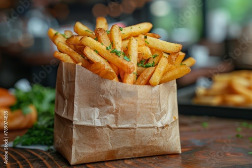 A close-up image of perfect crispy golden french fries seasoned with parsley in a greaseproof brown paper bag photo