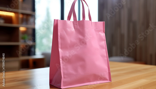 Mockup shopper pink tote bag handbag at home interior background. Copy space shopping eco reusable bag. Grocery accessories. Template blank pink material canvas cloth. Tote bag mockup.