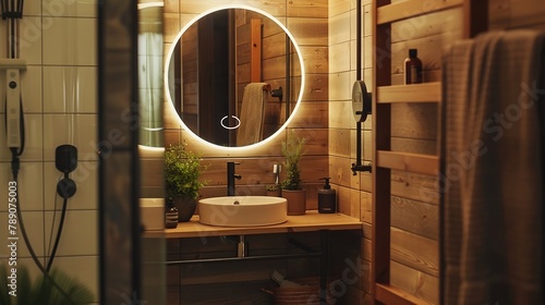 Modern bathroom with wooden style tiles in shower cabin next to big round mirror with led light above washbasin : Generative AI photo