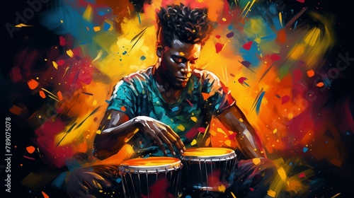 Abstract and colorful illustration of a man playing bongos on a black background photo