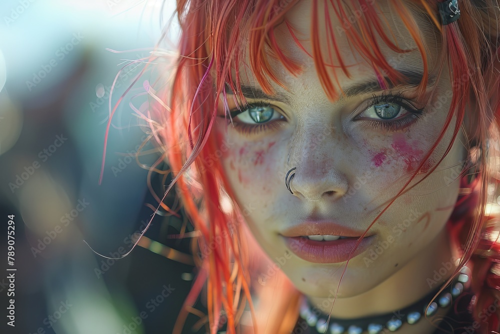 Intense close-up of a young woman with red hair, face markings, and piercings, looking directly at the camera