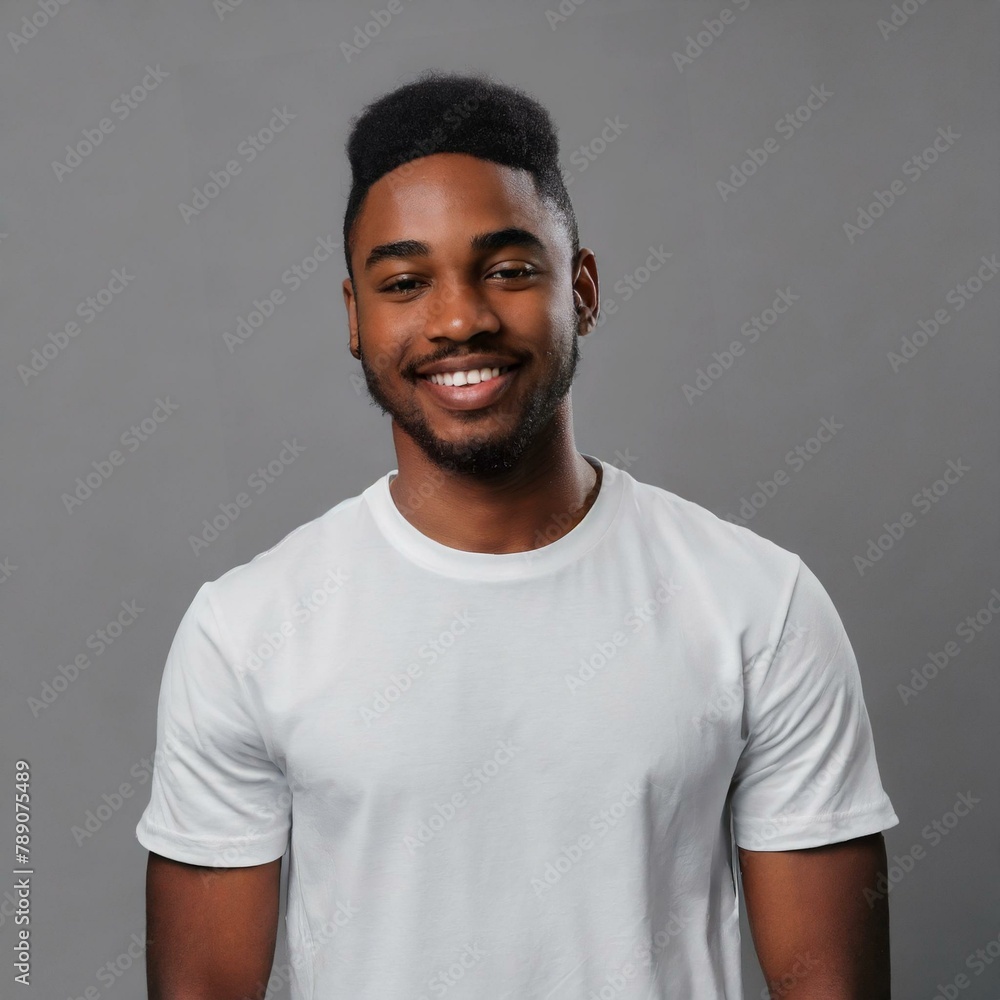 Portrait of a smiling happy black young man in a white empty t-shirt Portrait of a smiling happy black young man in a white empty t-shirt