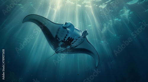 A serene underwater scene with a gentle giant manta ray gliding gracefully through the ocean, its elegant movements conveying a sense of peace and tranquility.