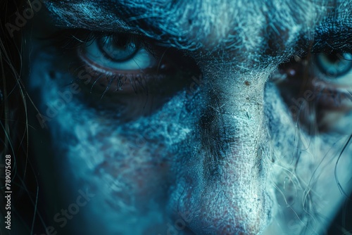A close-up image of a person with face art in shades of blue highlighting the intensity in the eyes