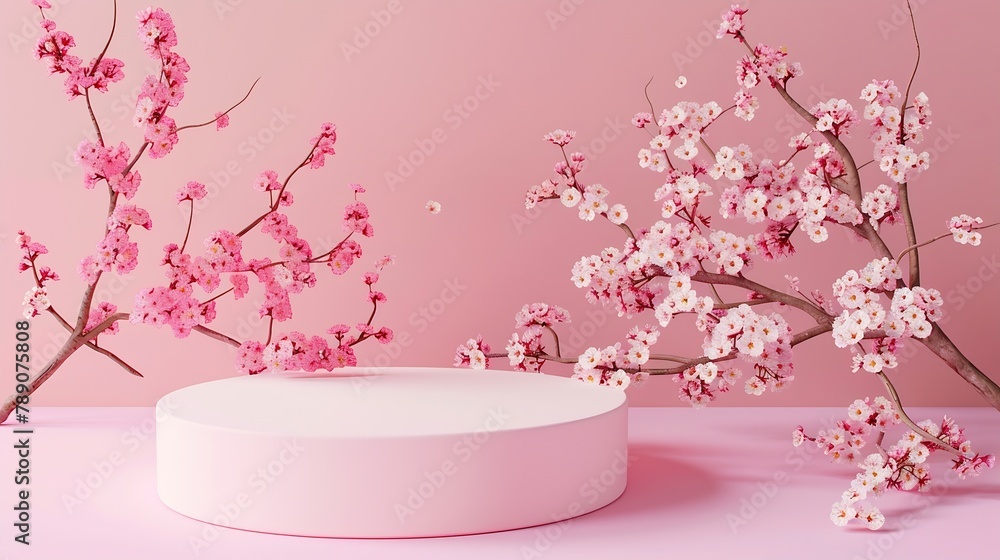 Decorative podium with pink cherry flowers on pastel pink background top view flat lay Place for product presentation Creative product platform : Generative AI