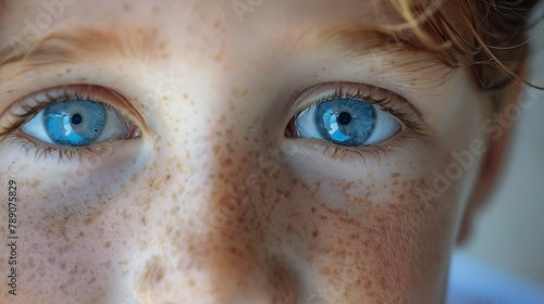 Closeup photo Body part Young happy and joyful face in freckles blue eyes of a child teenager looking at the camera : Generative AI photo