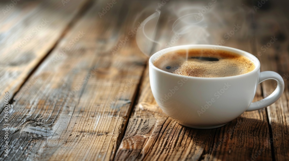 A steaming cup of freshly brewed coffee on a rustic wooden table, evoking warmth and comfort in a cozy A steaming cup of freshly brewed coffee on a rustic wooden table, evoking warmth and comfort in a cozy