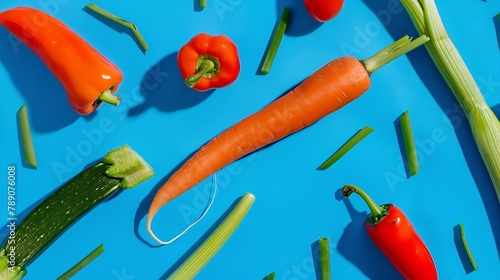 minimal flat lay patterrn of leek pepper and carrot on bright blue background composition of vegetables food : Generative AI photo