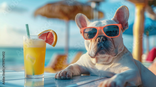 cute french bulldog wearing sunglasses sitting at a beach bar table with a cocktail