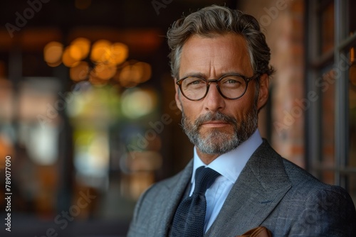 Distinguished mature man with gray hair and glasses poses in a stylish suit
