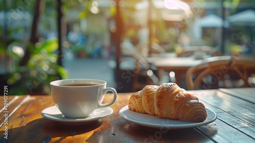 Morning coffee and croissant on a sunny table