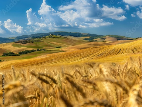 Golden Fields  Rolling Hills of Wheat Under Lazy Clouds