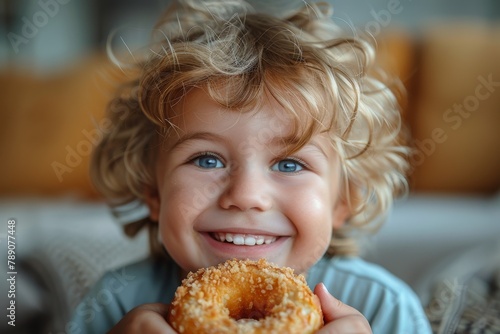 An adorable child with curly hair beams with happiness while holding a sweet doughnut in a cozy home setting