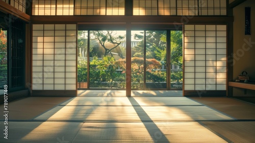 A traditional Japanese ryokan inn with tatami mat floors, sliding paper doors, and minimalist decor, offering guests an authentic cultural experience and peaceful retreat from the modern world.