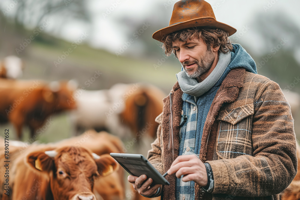 Farmer with tablet and cow on pasture Farmer with tablet and cow on pasture