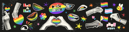 LGBTQ Pride month halftone collage elements set. Grunge cut out from magazine human hands, eyes, lips and rainbow doodles. Trendy modern retro vector illustration isolated on black background