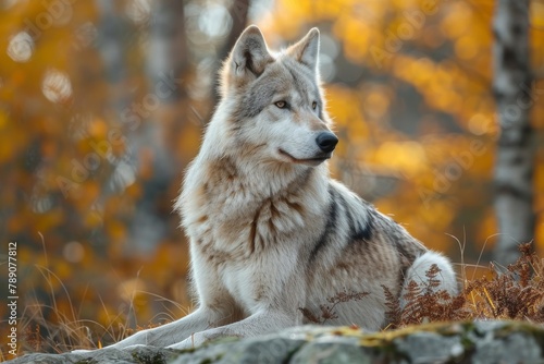 A beautiful wolf sits calmly against a backdrop of golden autumn leaves, its wild elegance captured in natural light