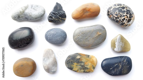 Stones isolated on a white background Collection of various sea pebble stones on white background Top view flat lay pebble beach isolated on white Smooth sea rocks colorful pebbles iso : Generative AI photo