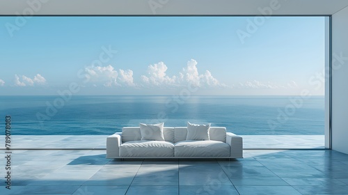 Bright style modern living room with minimalist background in the foreground, endless sea level as the backdrop, photographic style.