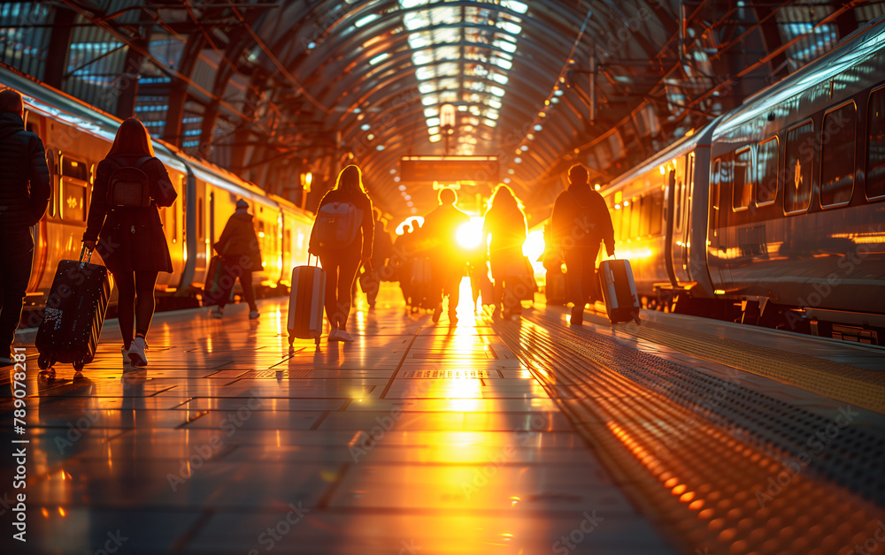 Sunset illumination at bustling train station