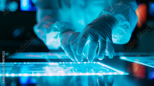 In a high-tech, blue-toned lab, gloved hands interact with a glowing digital interface, suggesting advanced scientific research or futuristic technology exploration. Banner. Copy space