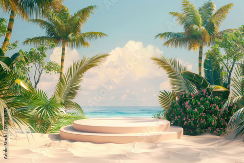 3d render round podium with summer beach background mock up scene with tropical palm trees and sand for product presentation. tropical product placement  podium stage with palm trees