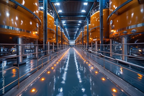 This image captures the futuristic interior of a modern brewery with reflective metallic yellow fermentation tanks and clean lines © Larisa AI