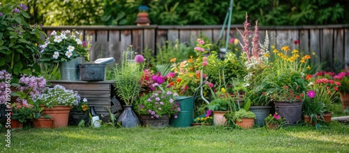 Gardening equipment located on the lawn in the backyard. Blooming flowers and plants during the spring season.