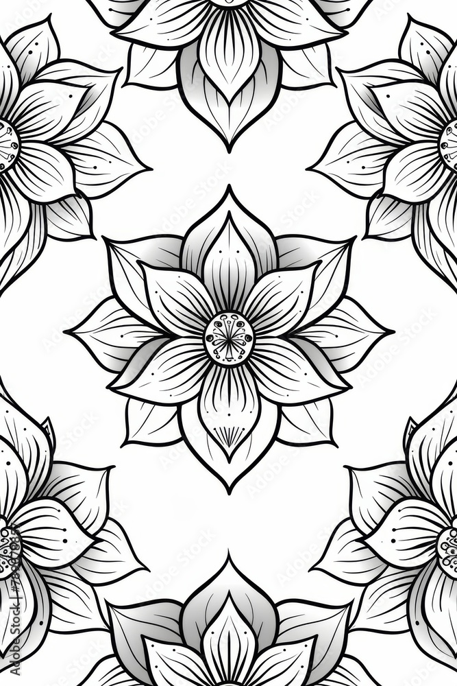 A black and white coloring page featuring mandala flowers with symmetrical patterns