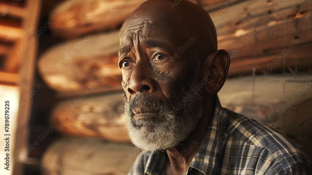Closeup portrait of bald and bearded african american senior man in log cabin : Generative AI Closeup portrait of bald and bearded african american senior man in log cabin : Generative AI