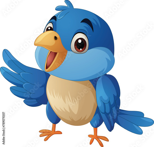 Cartoon blue bird singing on white background